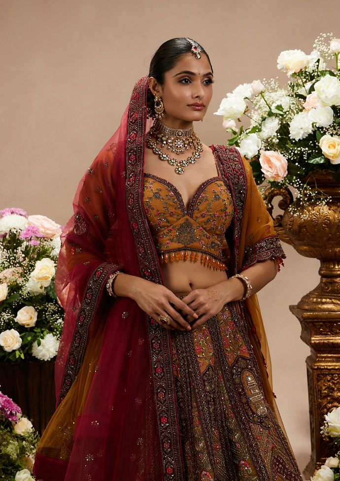 Twamev Women Buttercup Yellow Zari Embroidered Lehenga with Darbar Motifs And Floral Butas