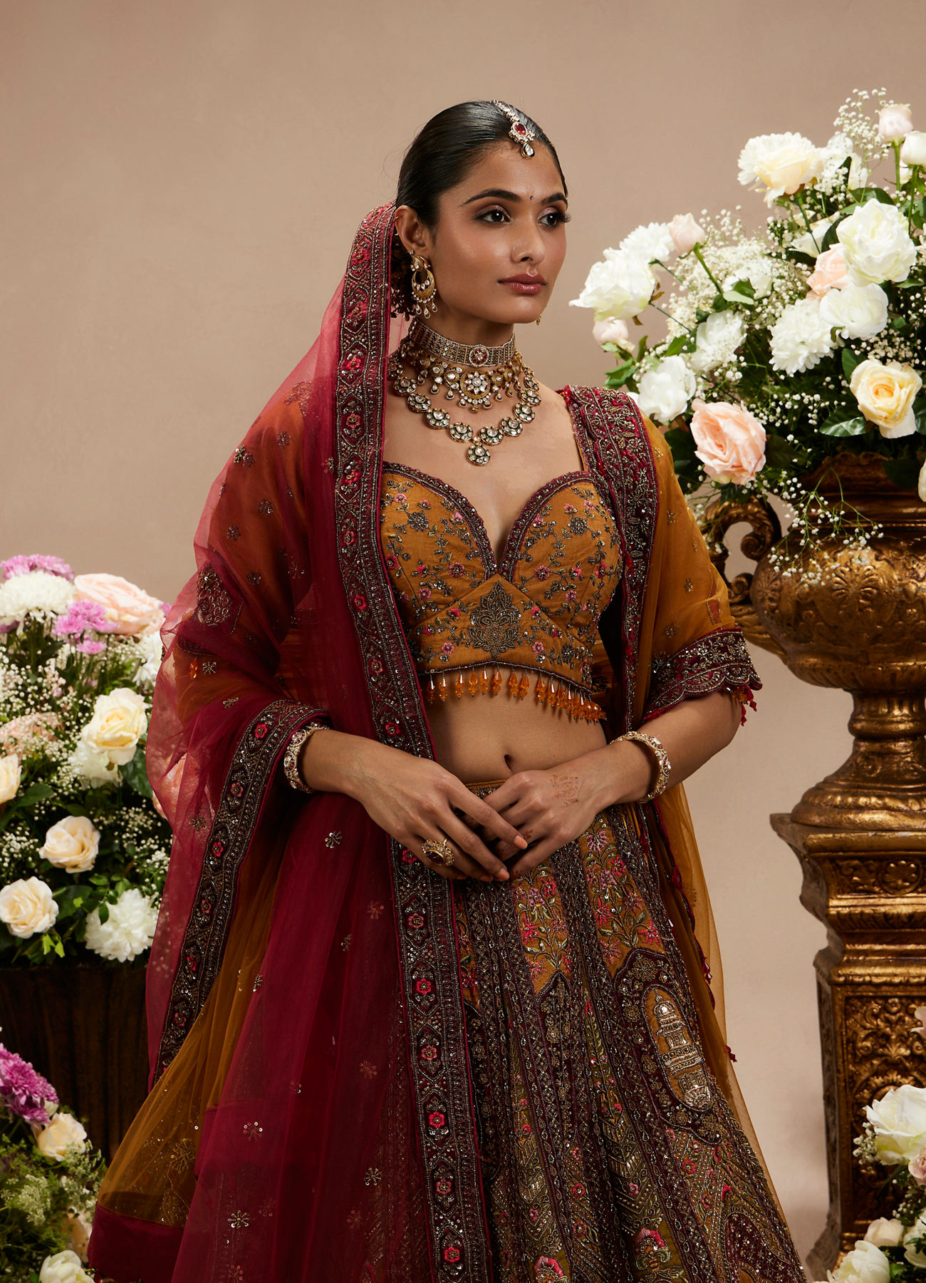 Twamev Women Buttercup Yellow Zari Embroidered Lehenga with Darbar Motifs And Floral Butas