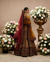 Twamev Women Buttercup Yellow Zari Embroidered Lehenga with Darbar Motifs And Floral Butas