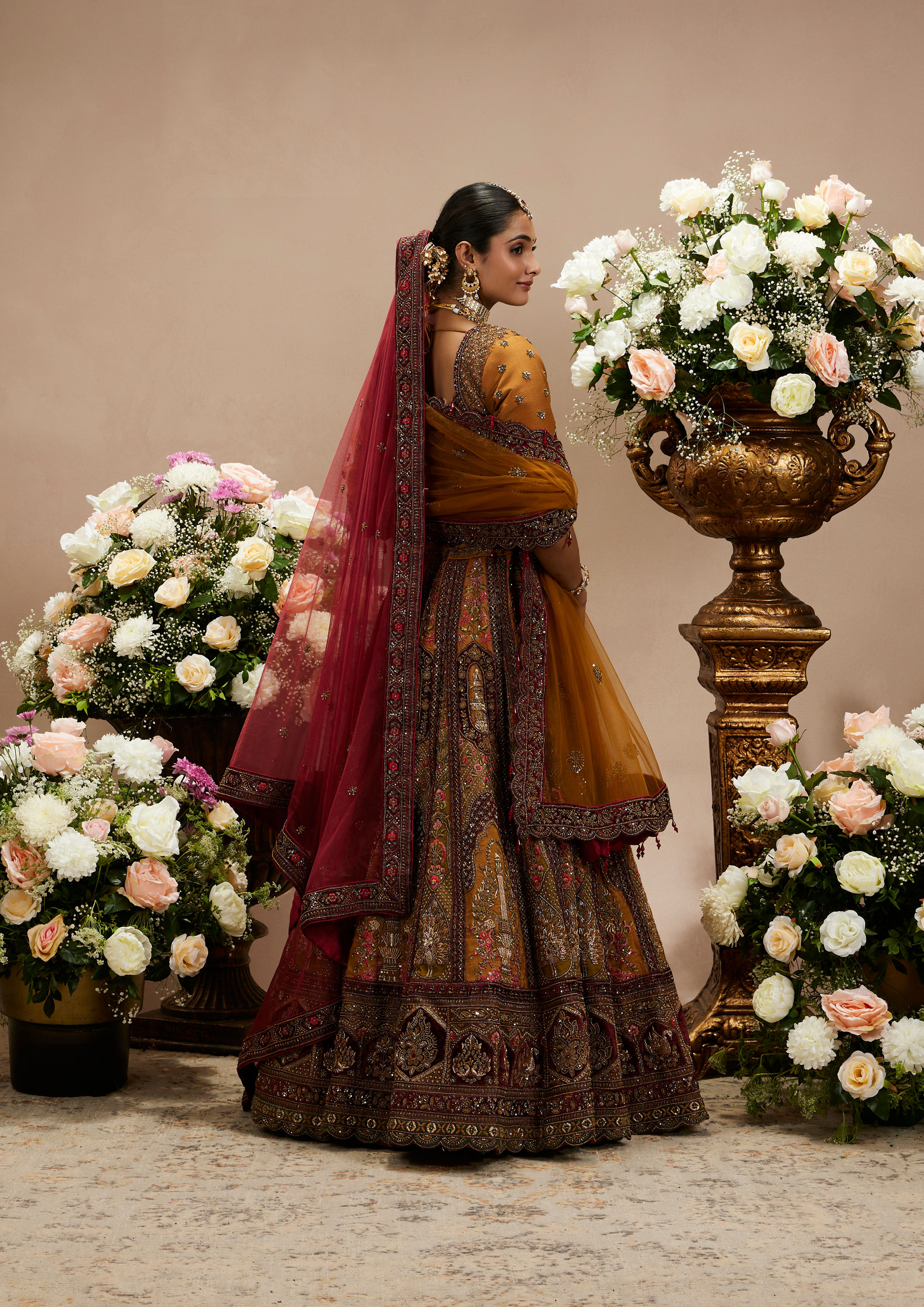 Twamev Women Buttercup Yellow Zari Embroidered Lehenga with Darbar Motifs And Floral Butas