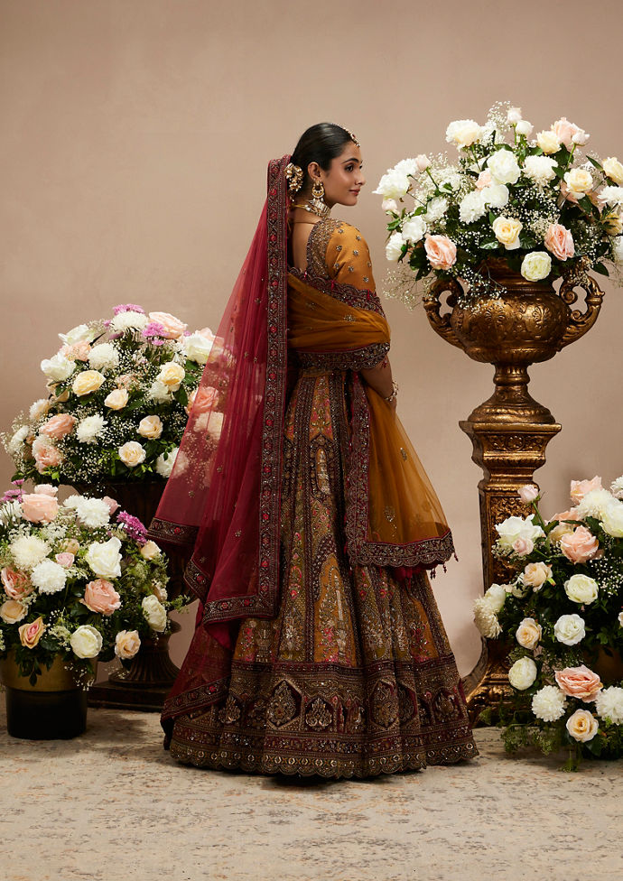 Twamev Women Buttercup Yellow Zari Embroidered Lehenga with Darbar Motifs And Floral Butas