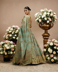 Twamev Women Sea Green Organza Printed Zari Embroidered Lehenga