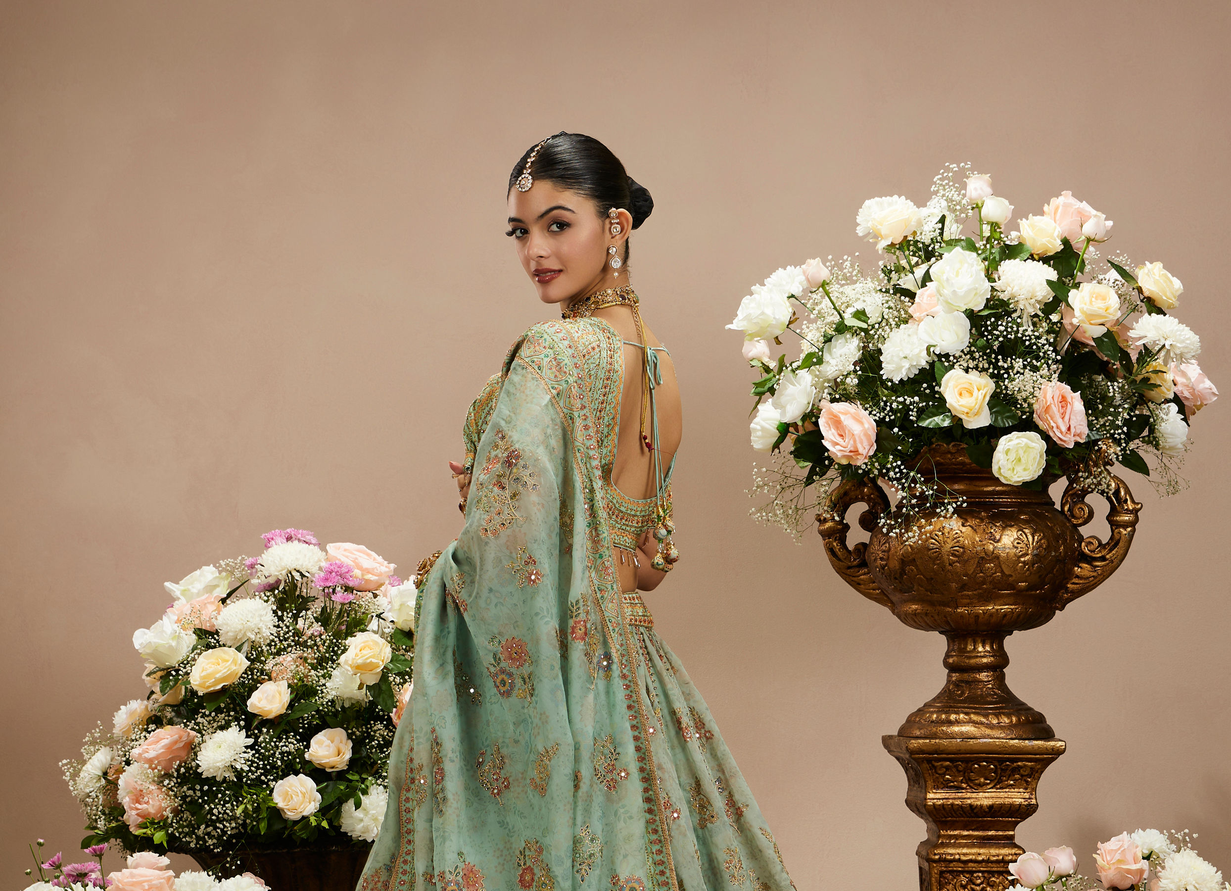 Twamev Women Sea Green Organza Printed Zari Embroidered Lehenga