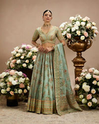 Twamev Women Sea Green Organza Printed Zari Embroidered Lehenga