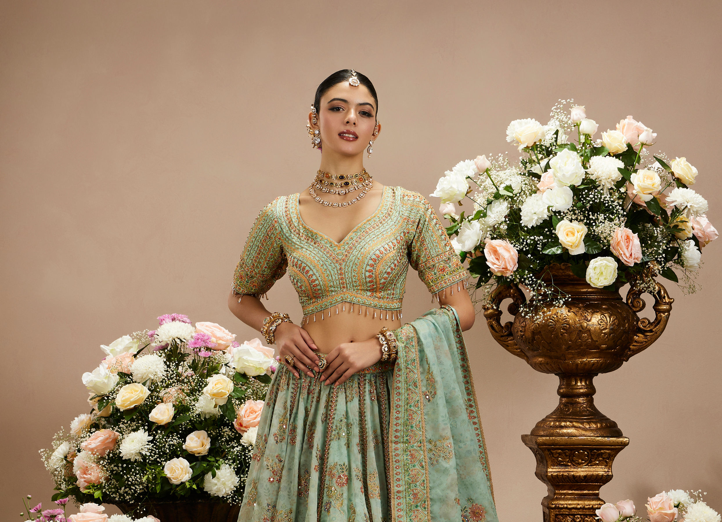 Twamev Women Sea Green Organza Printed Zari Embroidered Lehenga