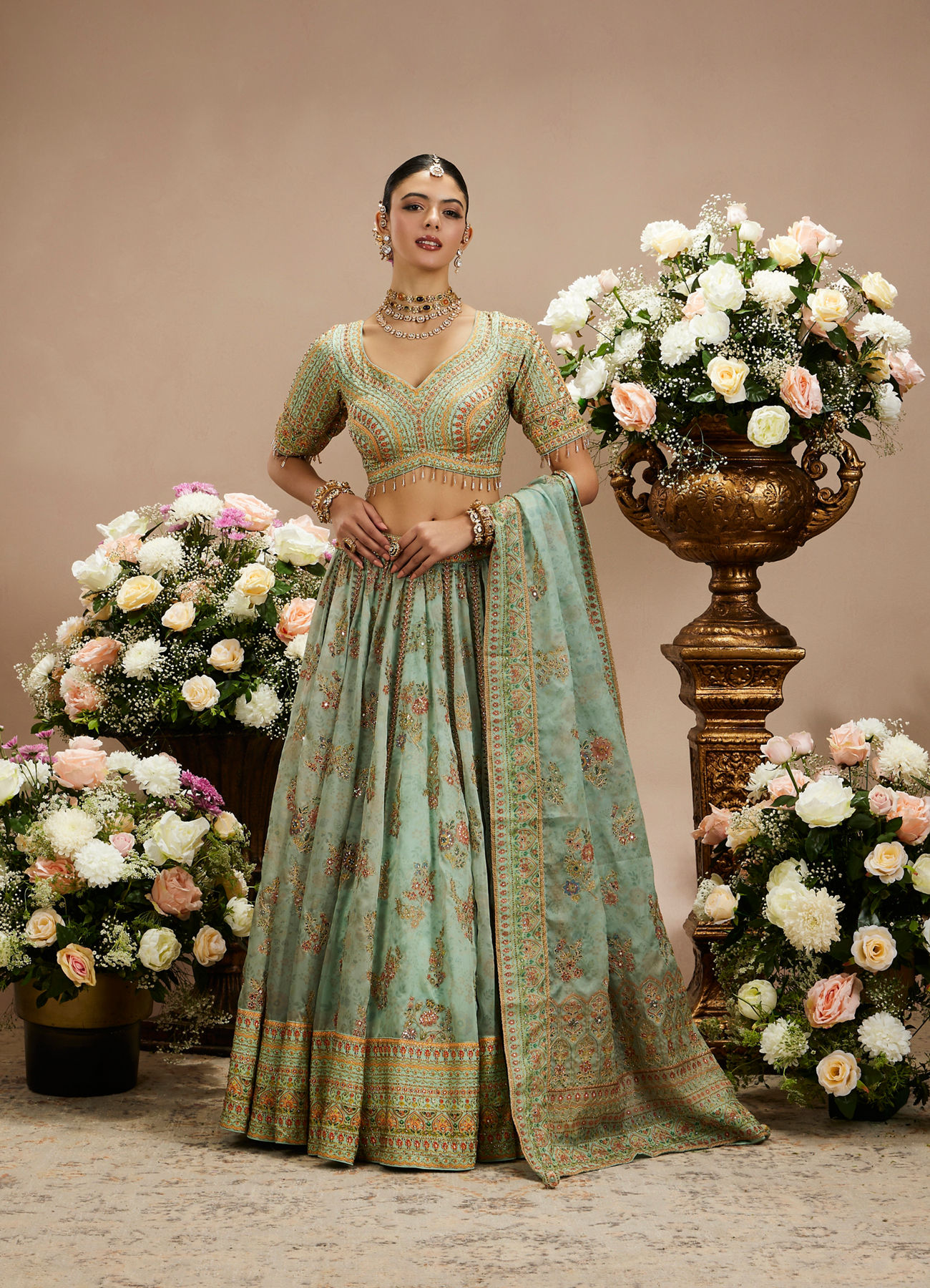 Twamev Women Sea Green Organza Printed Zari Embroidered Lehenga