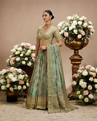 Twamev Women Sea Green Organza Printed Zari Embroidered Lehenga
