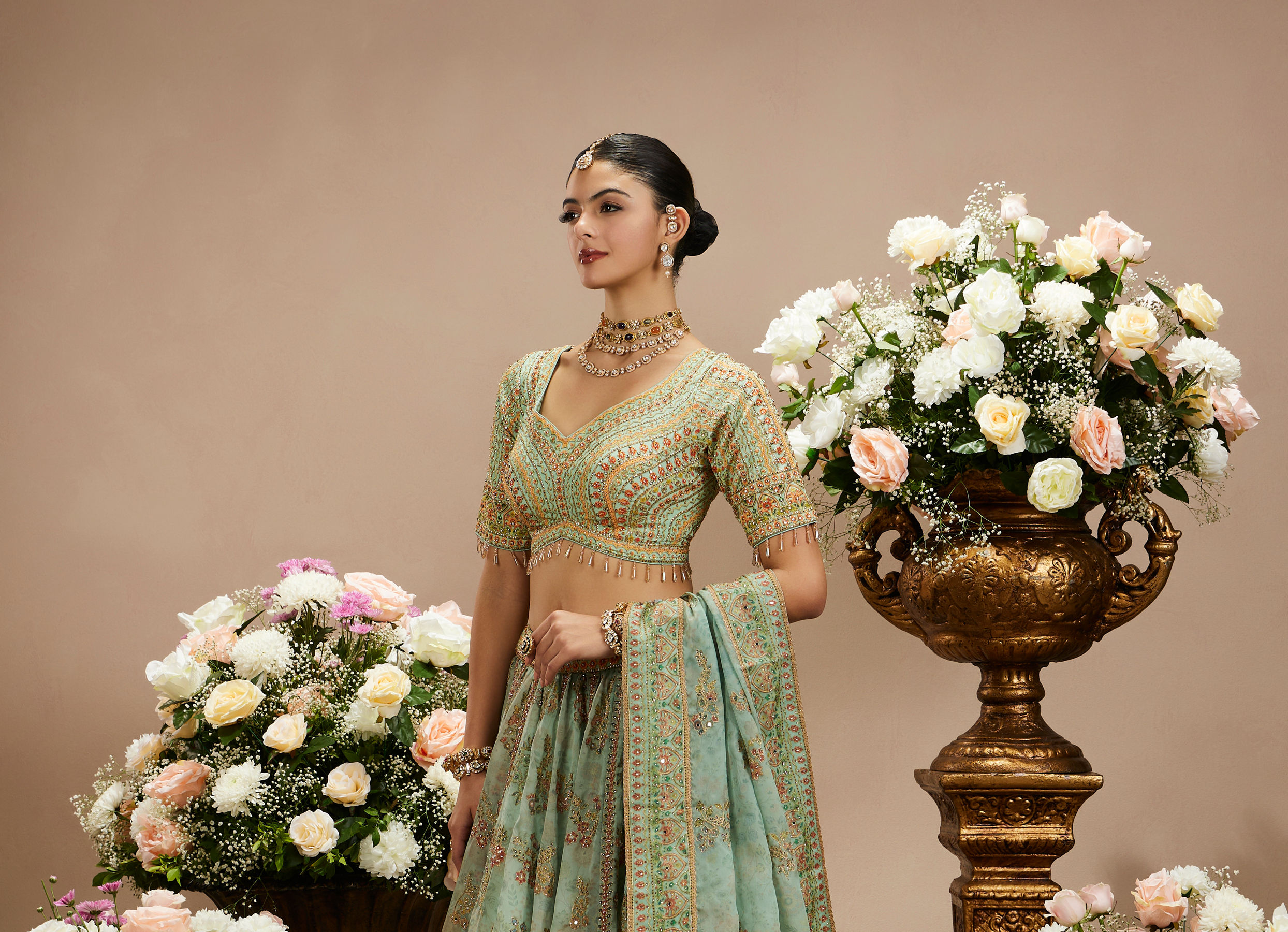 Twamev Women Sea Green Organza Printed Zari Embroidered Lehenga