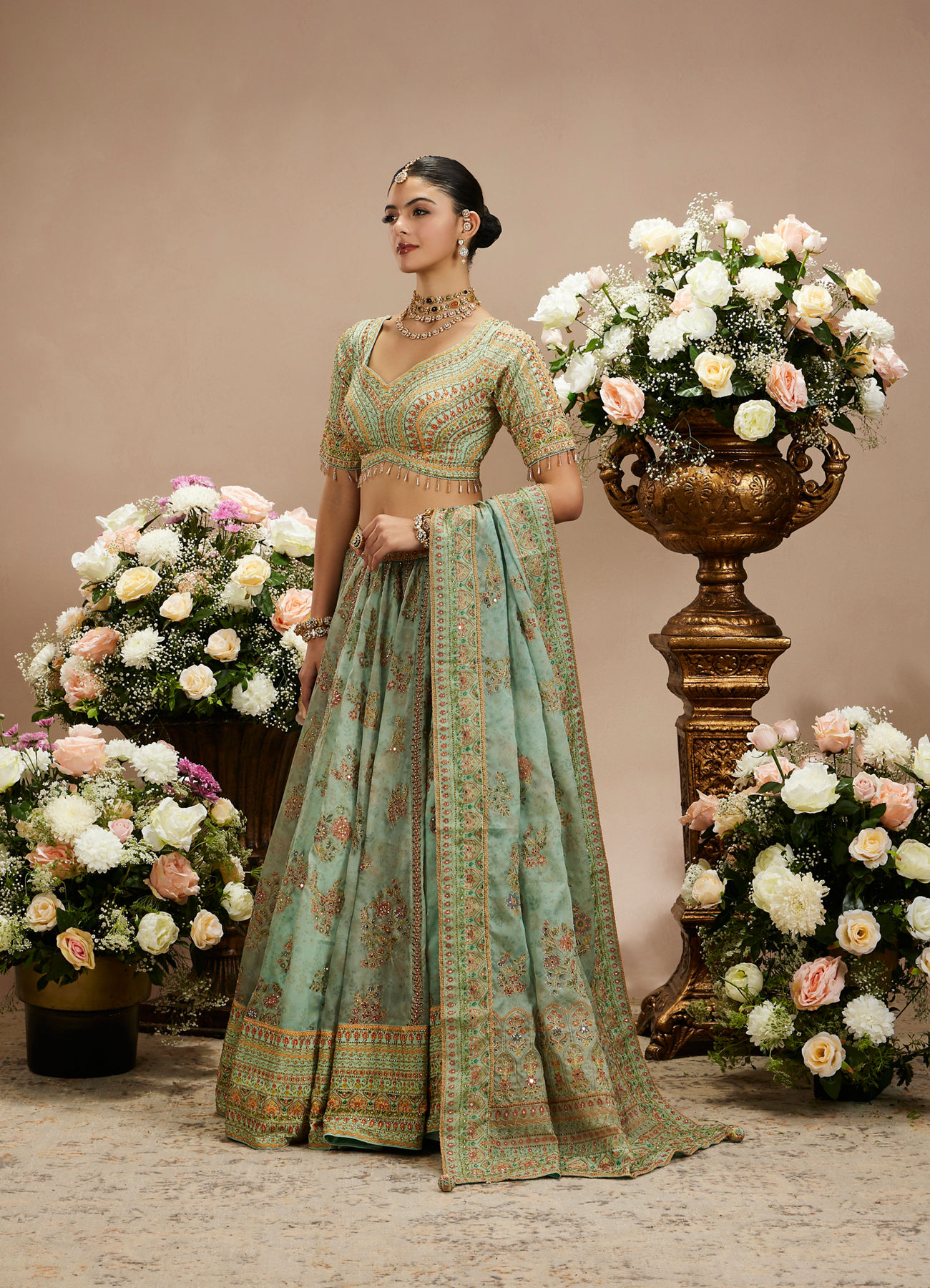 Twamev Women Sea Green Organza Printed Zari Embroidered Lehenga