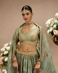 Twamev Women Sea Green Organza Printed Zari Embroidered Lehenga