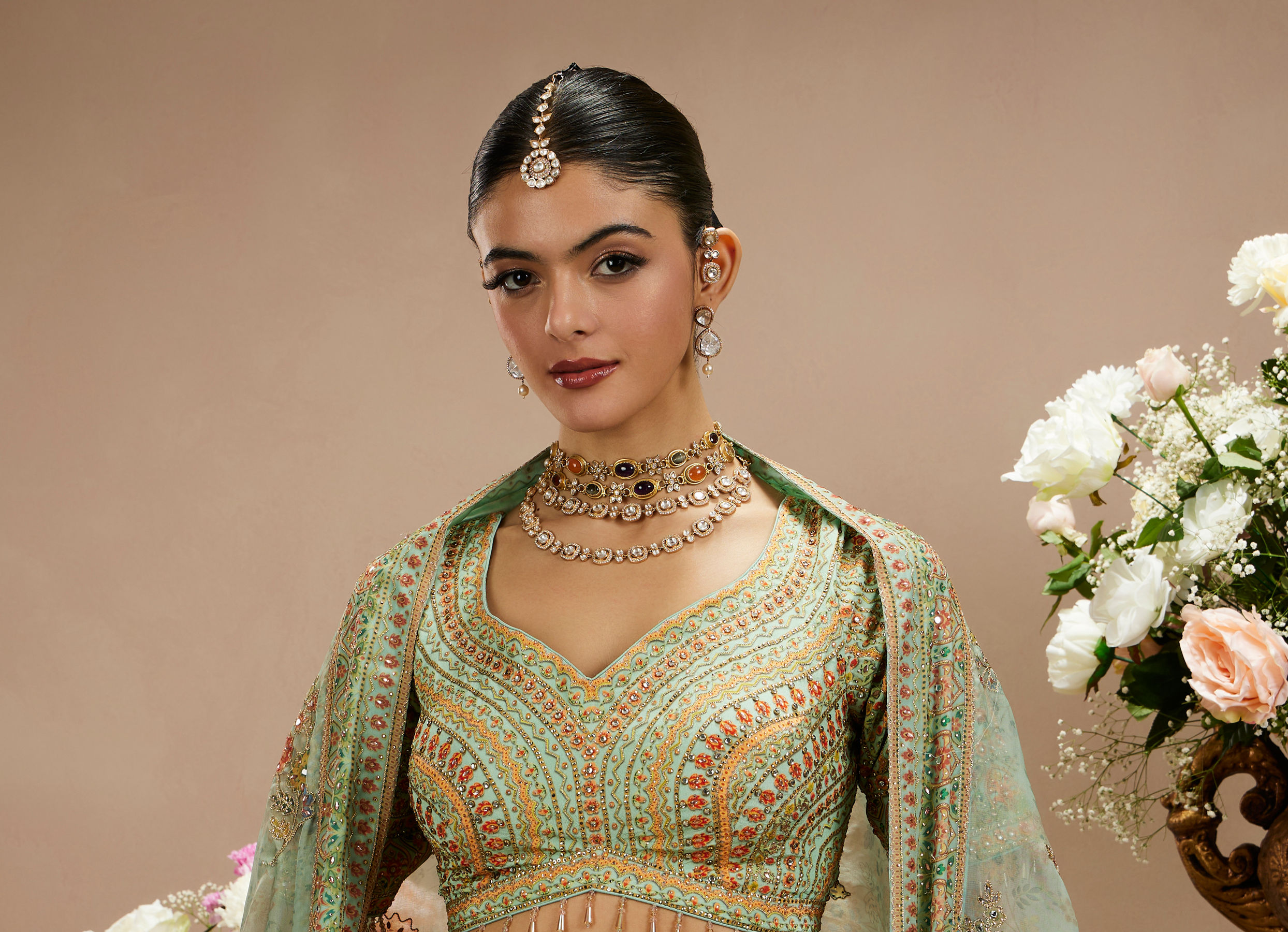 Twamev Women Sea Green Organza Printed Zari Embroidered Lehenga