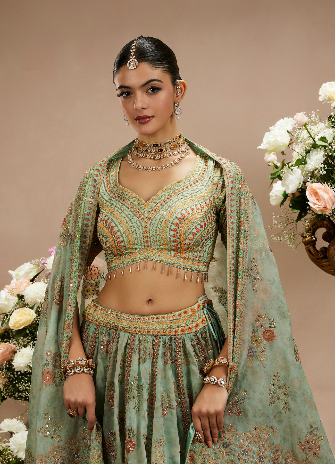 Twamev Women Sea Green Organza Printed Zari Embroidered Lehenga