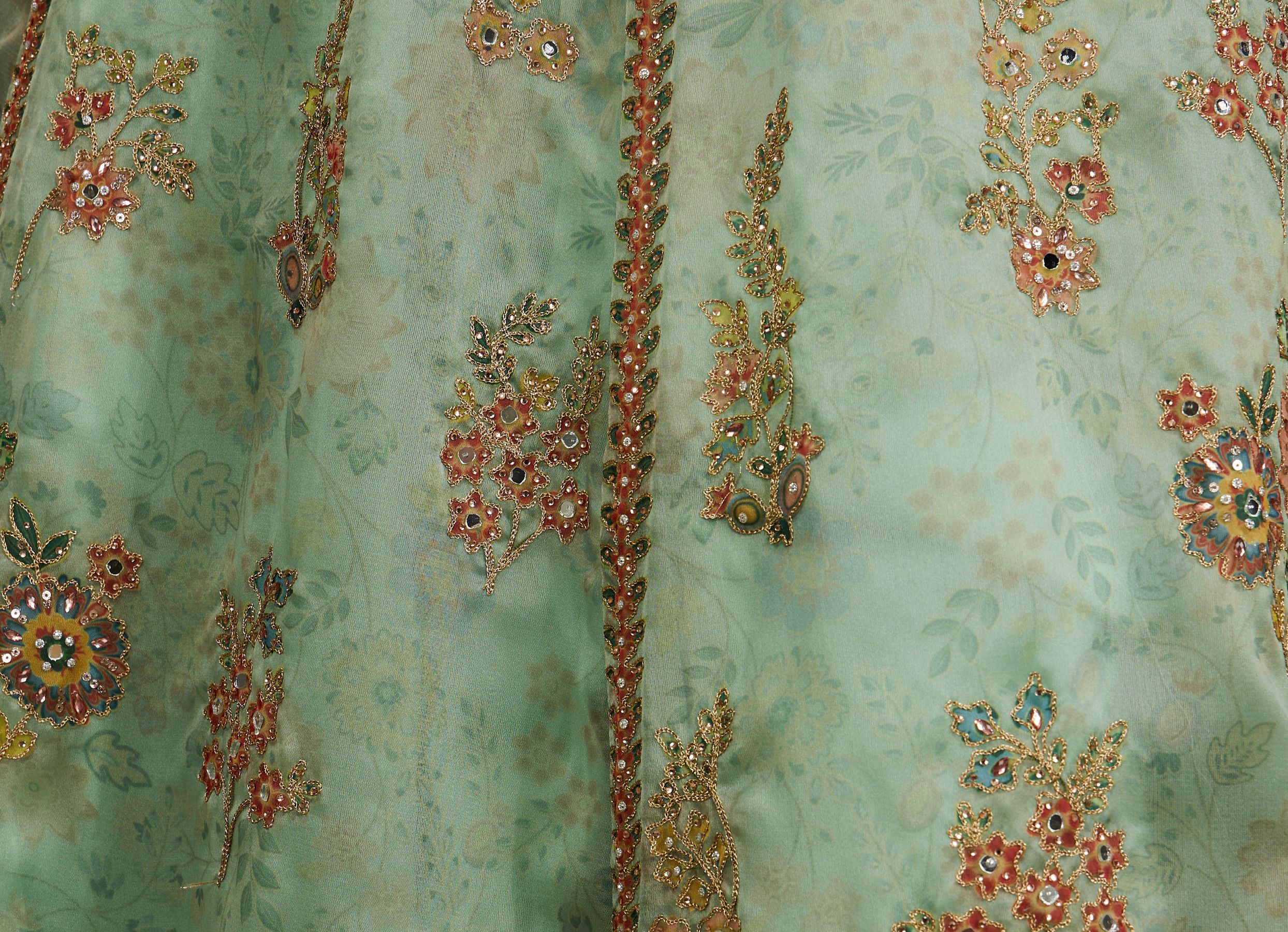 Twamev Women Sea Green Organza Printed Zari Embroidered Lehenga