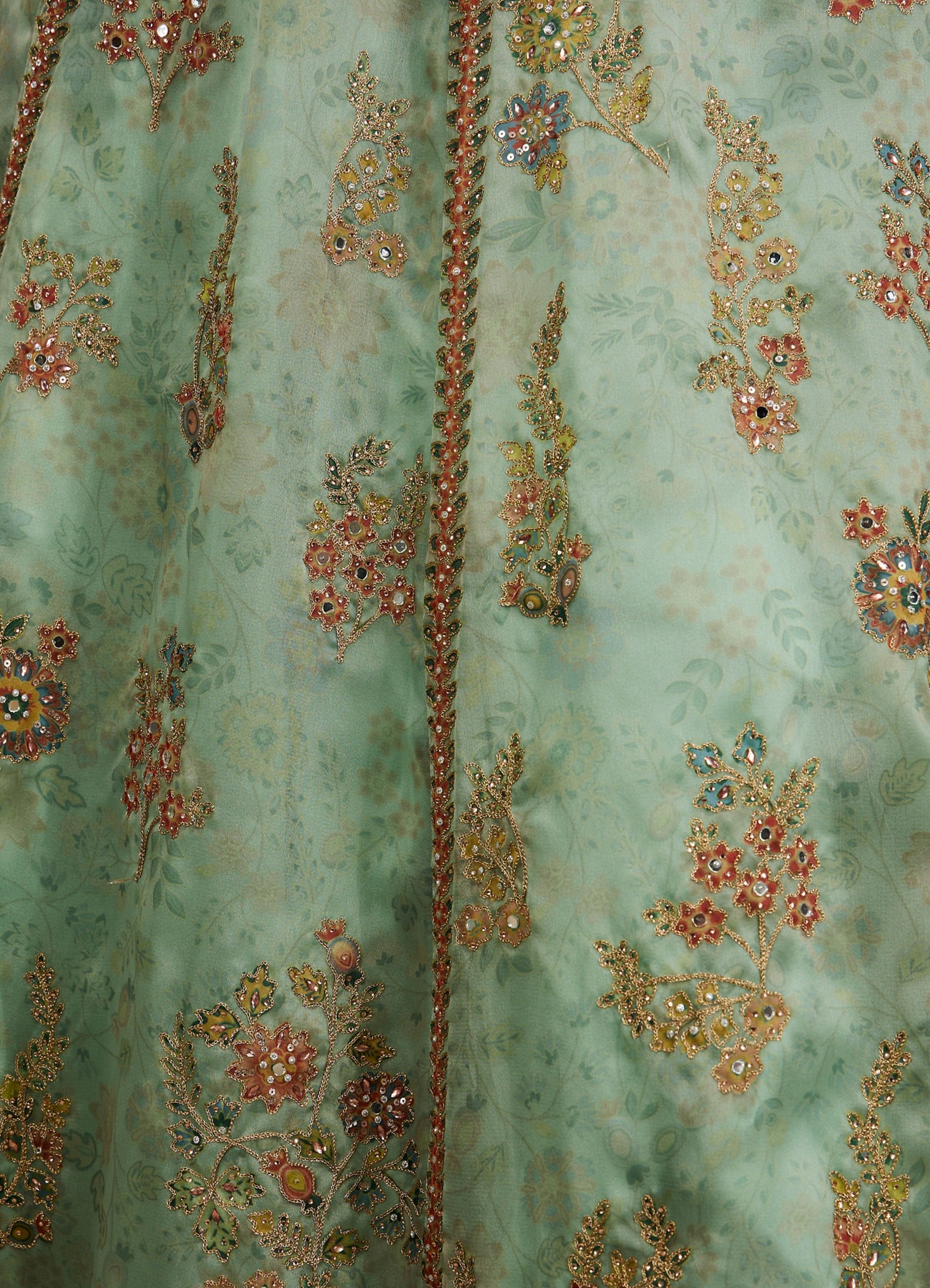 Twamev Women Sea Green Organza Printed Zari Embroidered Lehenga