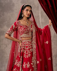 Twamev Women Rani Pink Raw Silk Zardosi Embroidered Bridal Lehenga