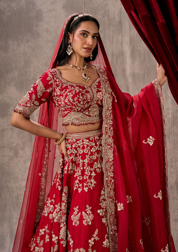 Twamev Women Rani Pink Raw Silk Zardosi Embroidered Bridal Lehenga