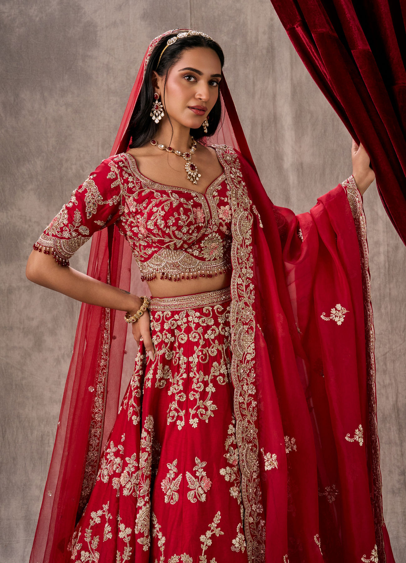 Twamev Women Rani Pink Raw Silk Zardosi Embroidered Bridal Lehenga