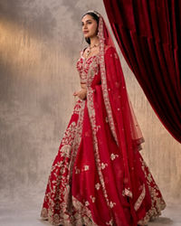 Twamev Women Rani Pink Raw Silk Zardosi Embroidered Bridal Lehenga