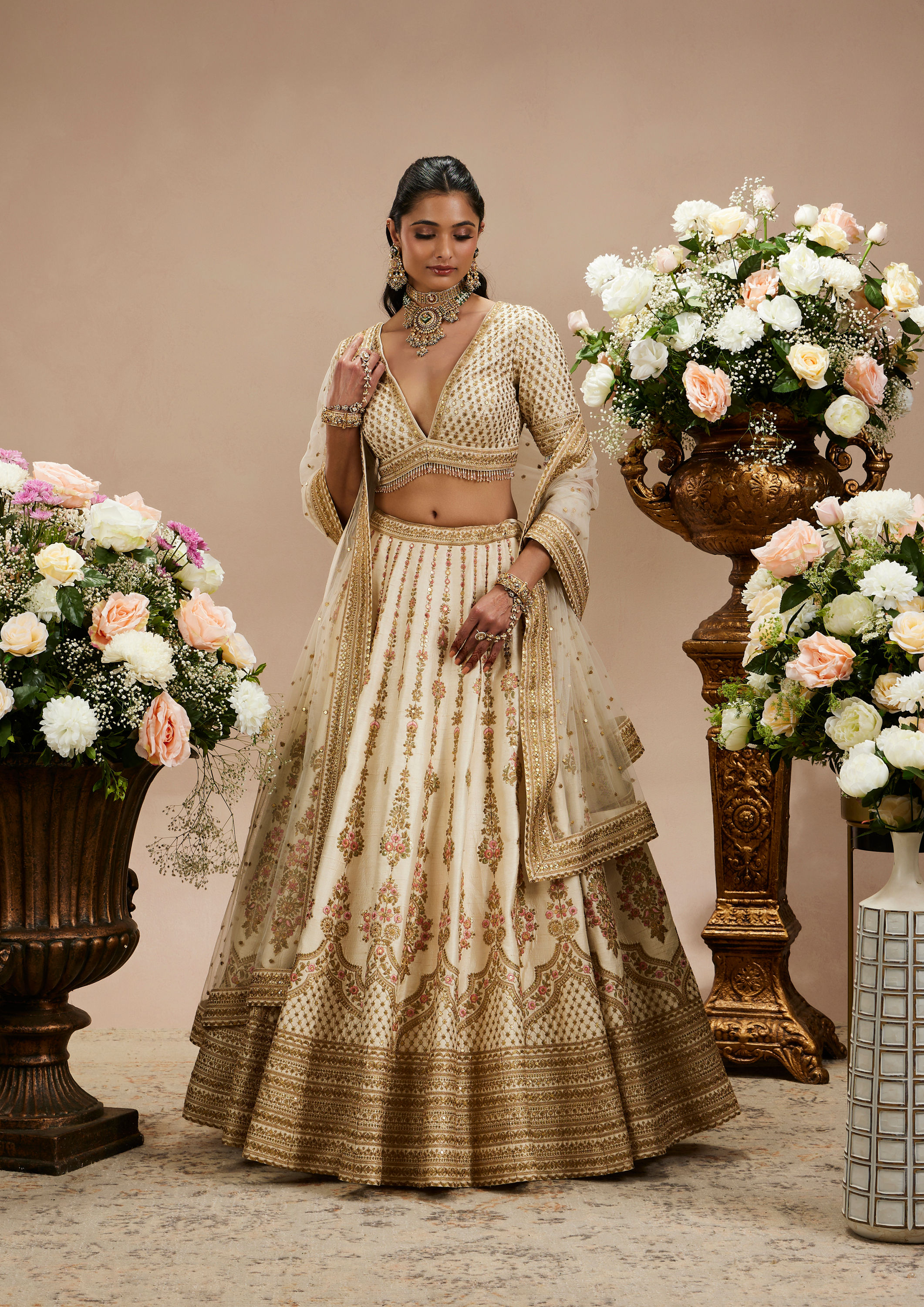 Twamev Women Twinkling Cream Elegance Bridal Lehenga