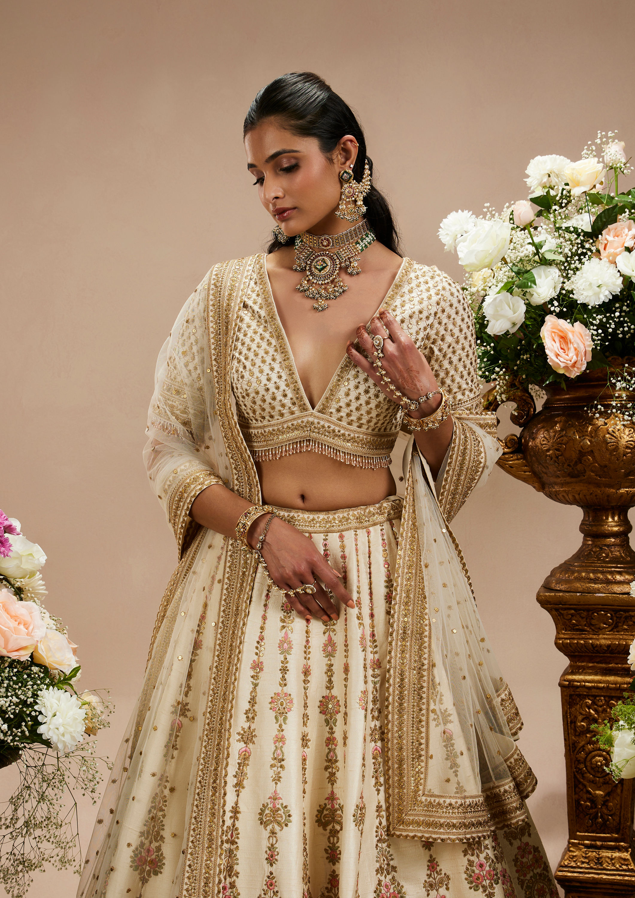 Twamev Women Twinkling Cream Elegance Bridal Lehenga