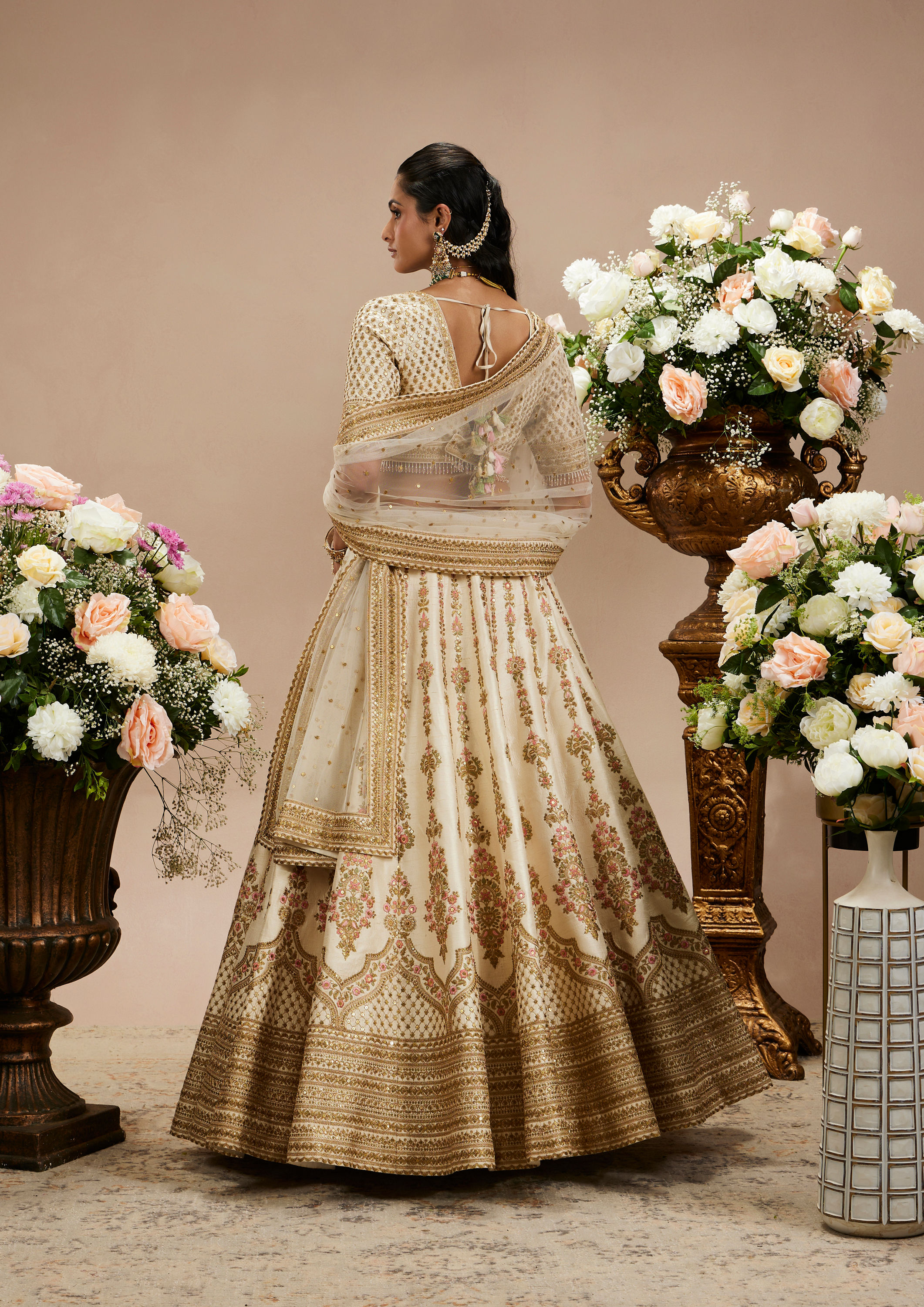 Twamev Women Twinkling Cream Elegance Bridal Lehenga