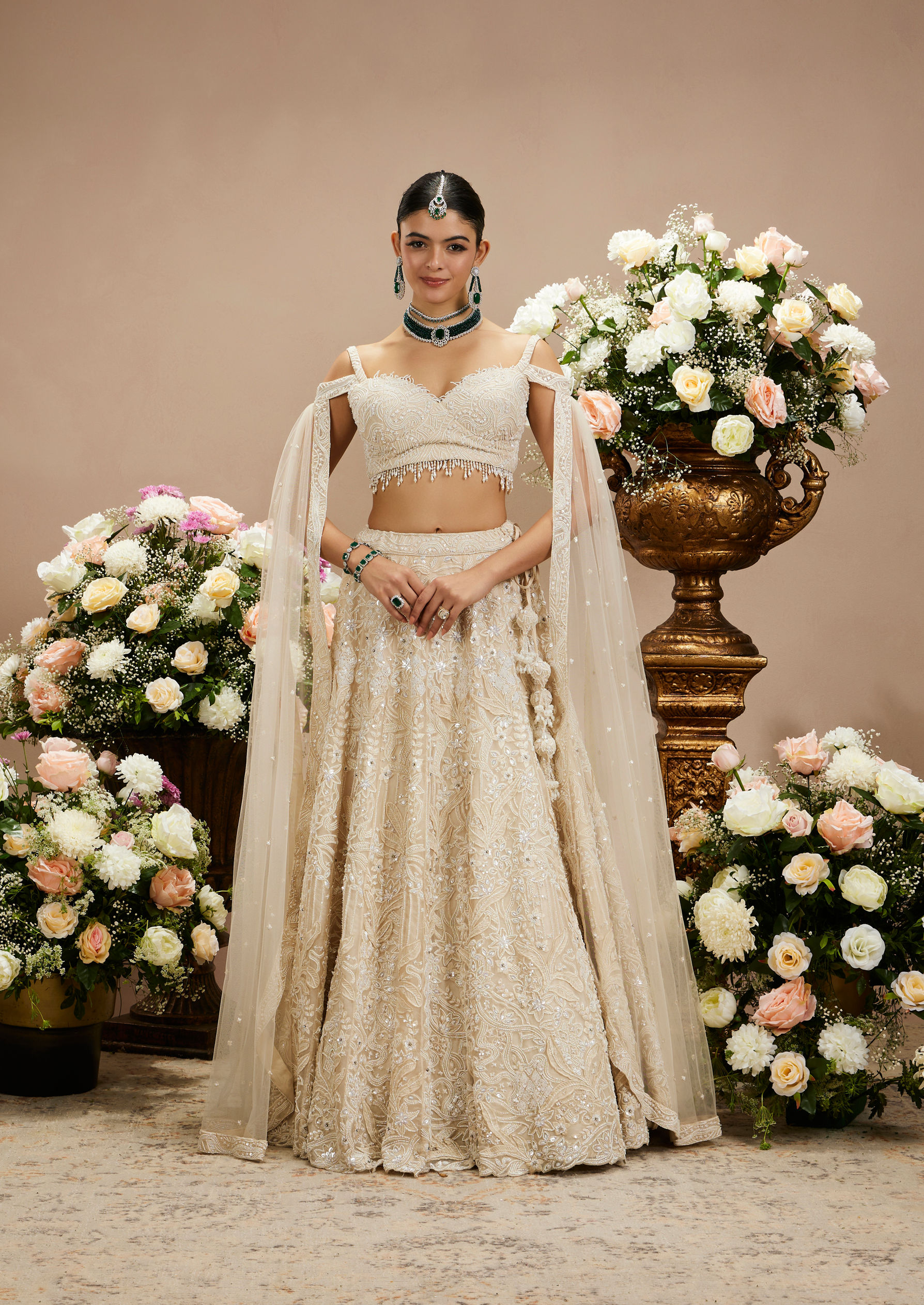 Twamev Women Cream Elegance Lehenga