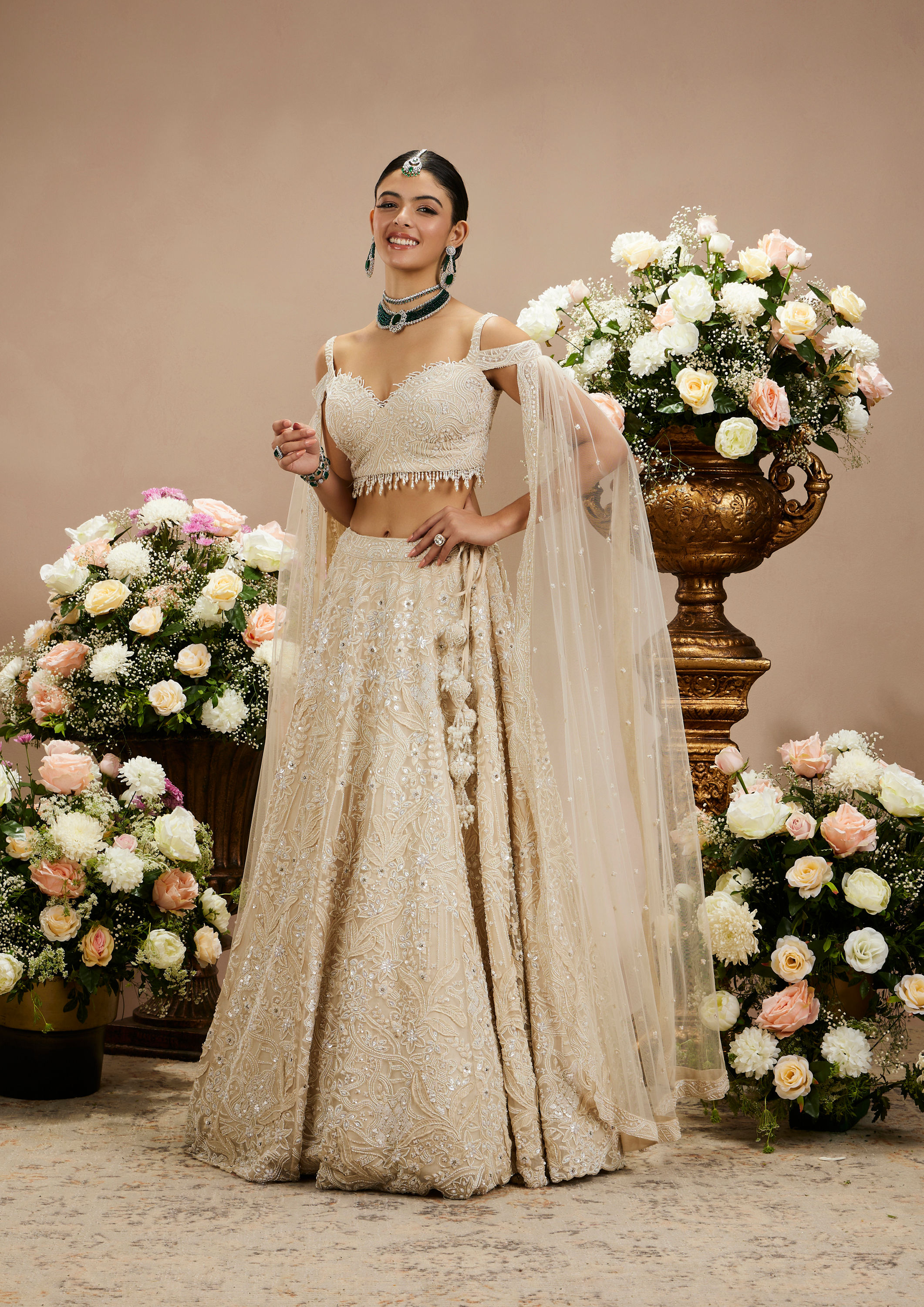 Twamev Women Cream Beige Botanical Embroidered Lehenga with Sequin Work