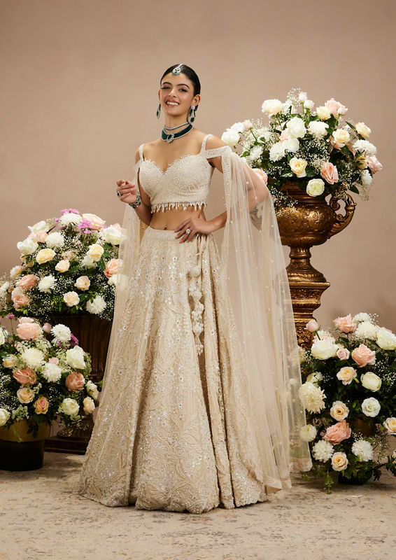 Twamev Women Cream Elegance Lehenga