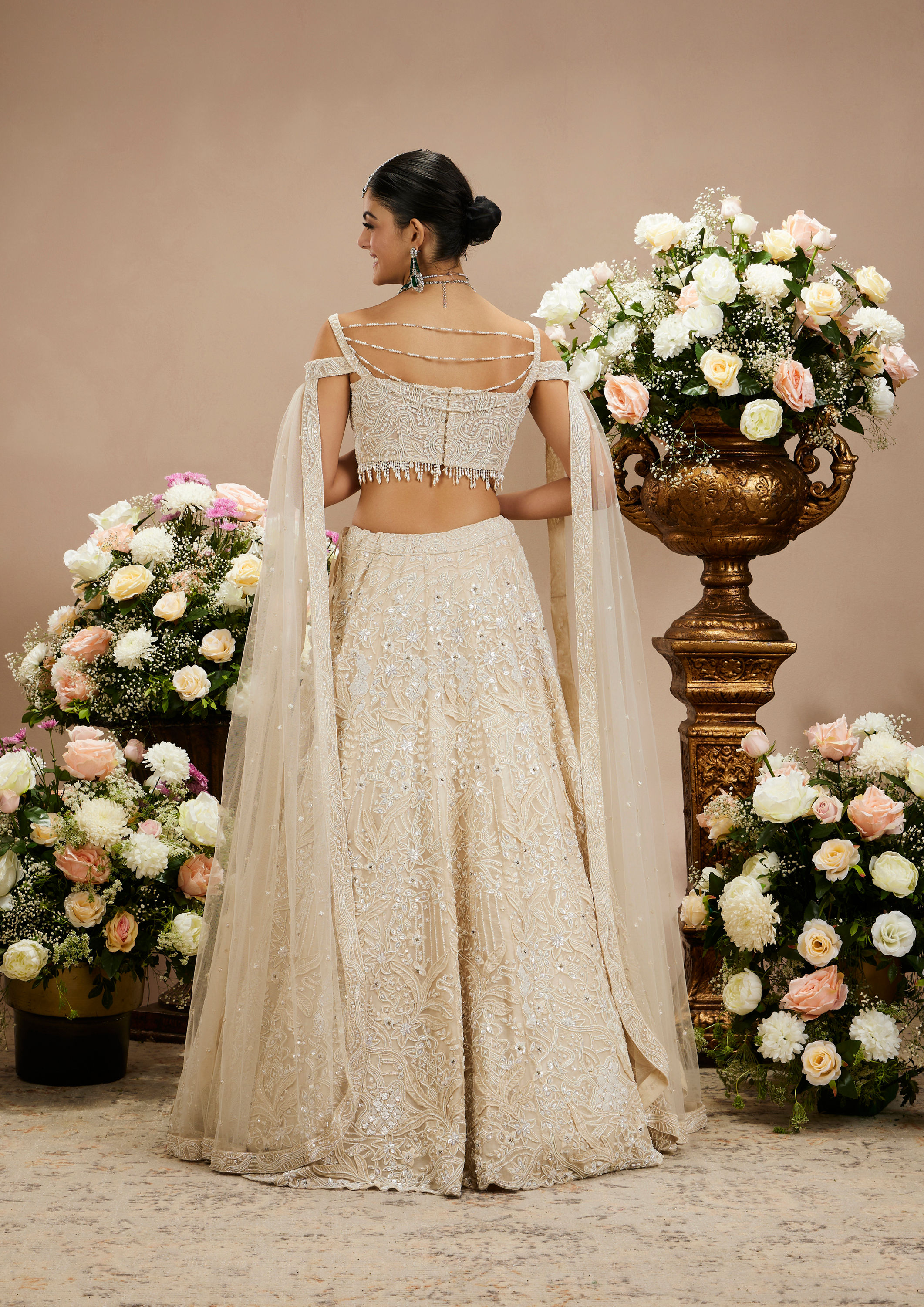 Twamev Women Cream Beige Botanical Embroidered Lehenga with Sequin Work