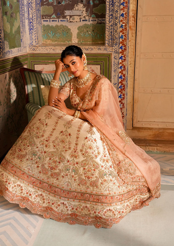 Twamev Women Cream Splendor Lehenga
