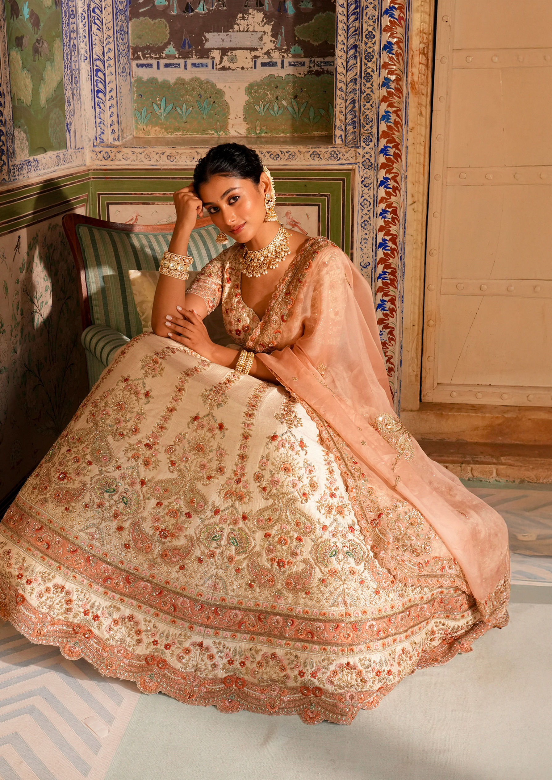 Twamev Women Cream Splendor Lehenga