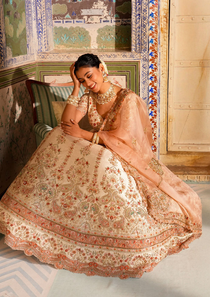 Twamev Women Cream Splendor Lehenga
