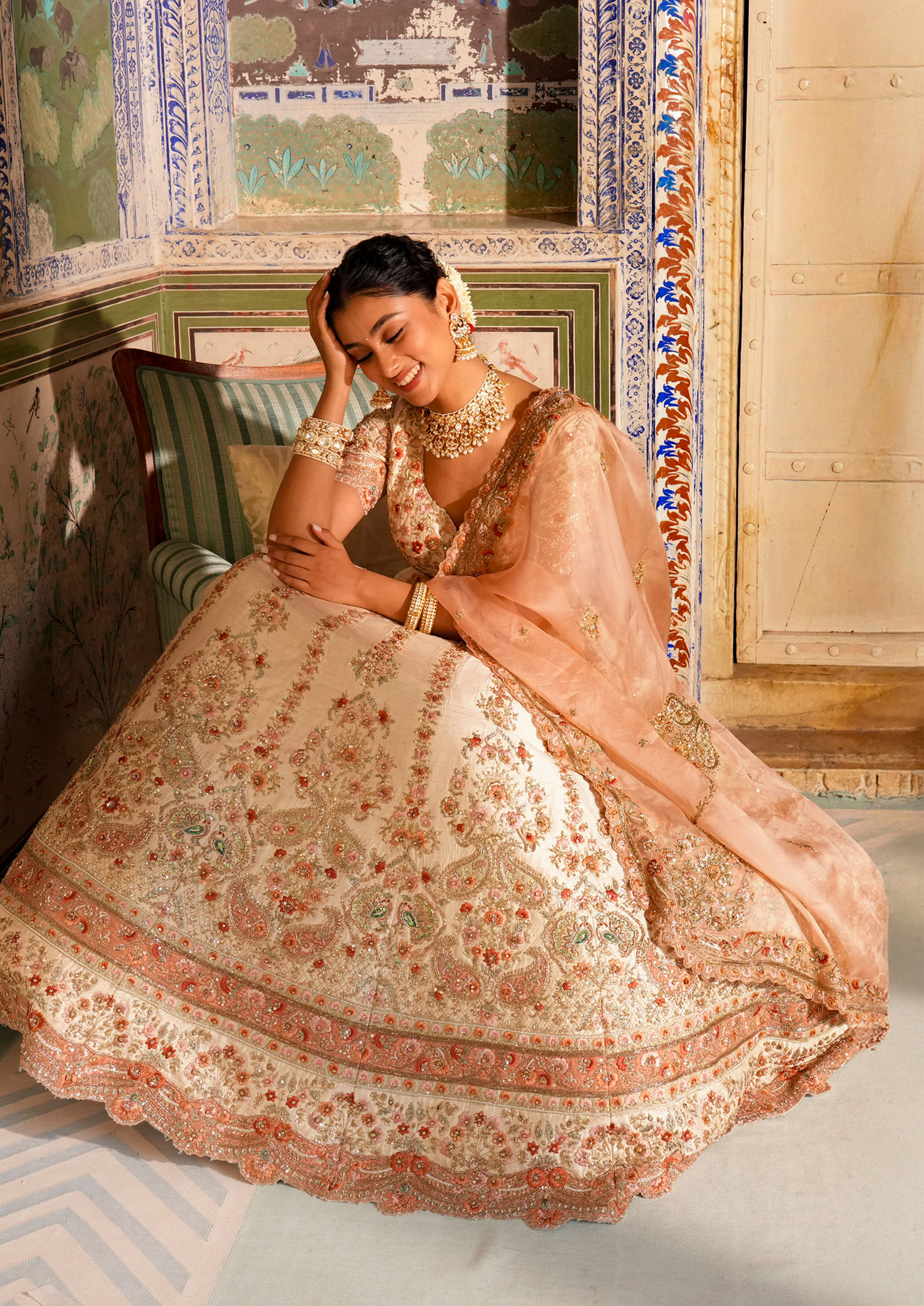 Twamev Women Cream Splendor Lehenga
