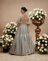 Twamev Women Steel Grey Jaal Patterned Sequinned Lehenga with Cutdana Work