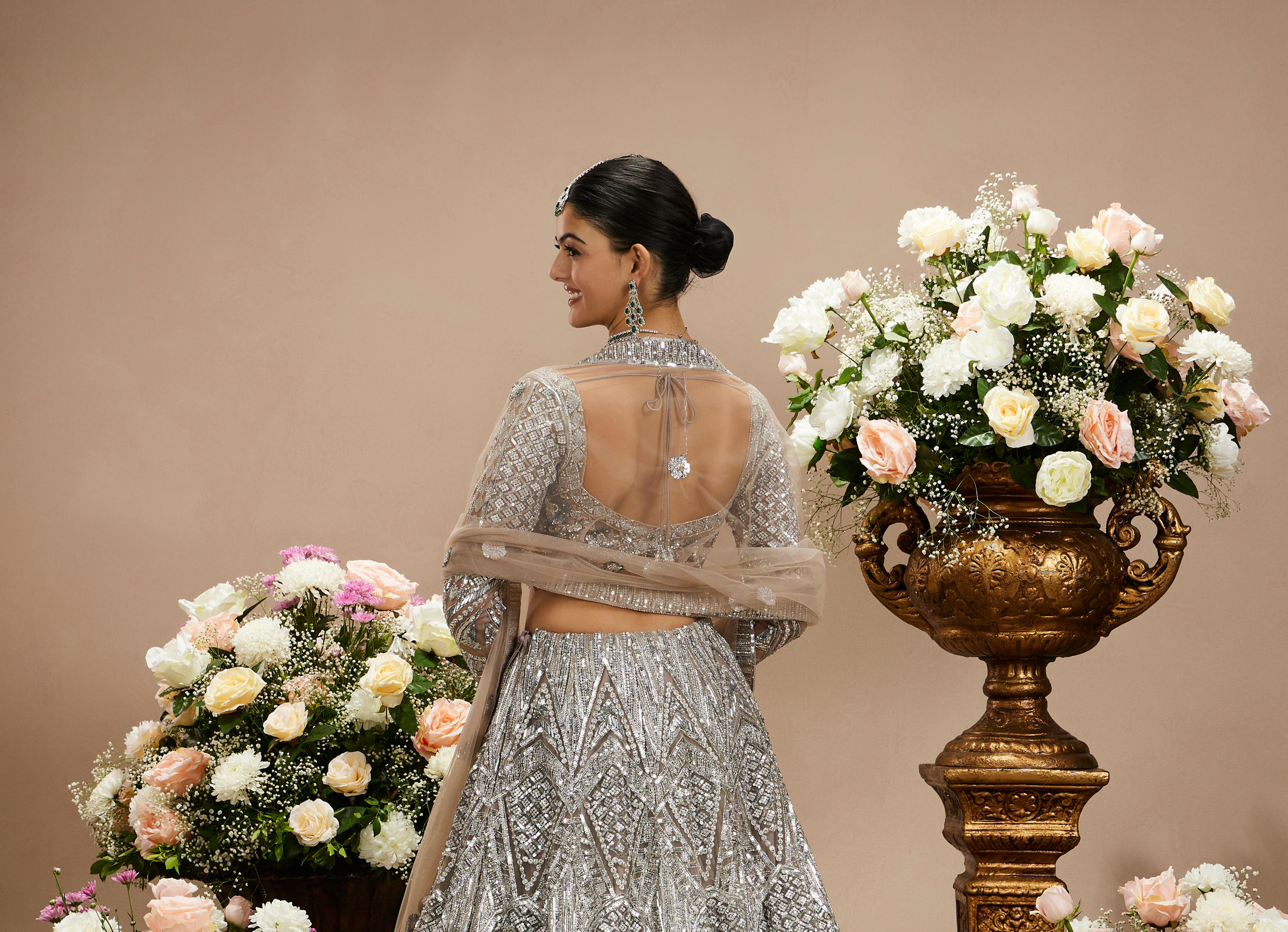 Twamev Women Steel Grey Jaal Patterned Sequinned Lehenga with Cutdana Work