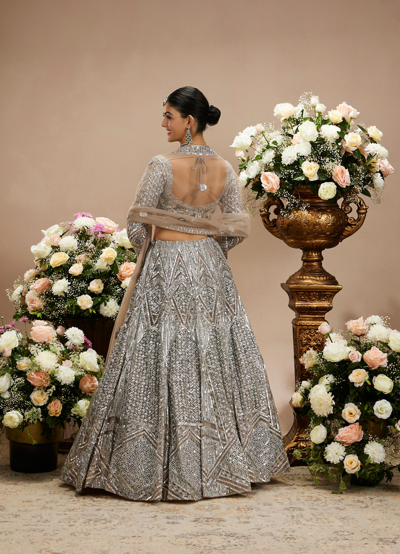 Twamev Women Steel Grey Jaal Patterned Sequinned Lehenga with Cutdana Work