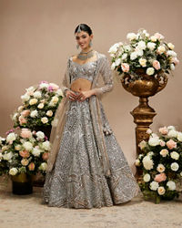 Twamev Women Steel Grey Jaal Patterned Sequinned Lehenga with Cutdana Work
