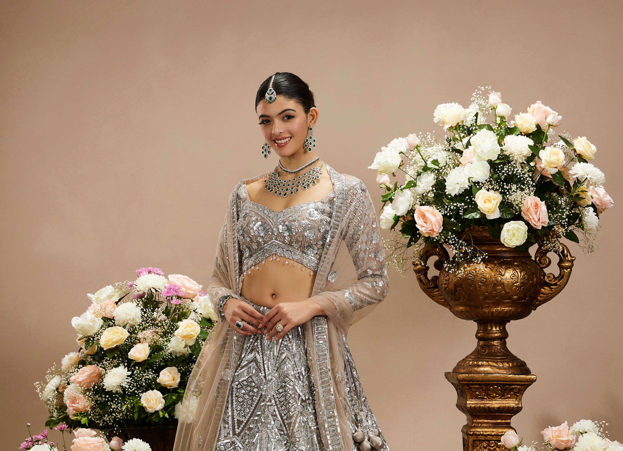 Twamev Women Steel Grey Jaal Patterned Sequinned Lehenga with Cutdana Work