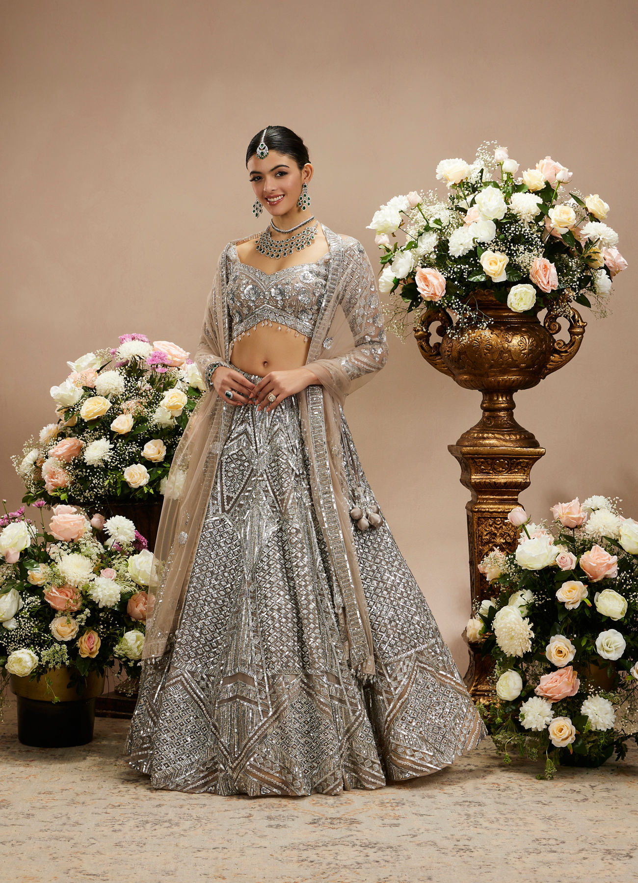 Twamev Women Steel Grey Jaal Patterned Sequinned Lehenga with Cutdana Work