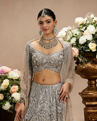 Twamev Women Steel Grey Jaal Patterned Sequinned Lehenga with Cutdana Work