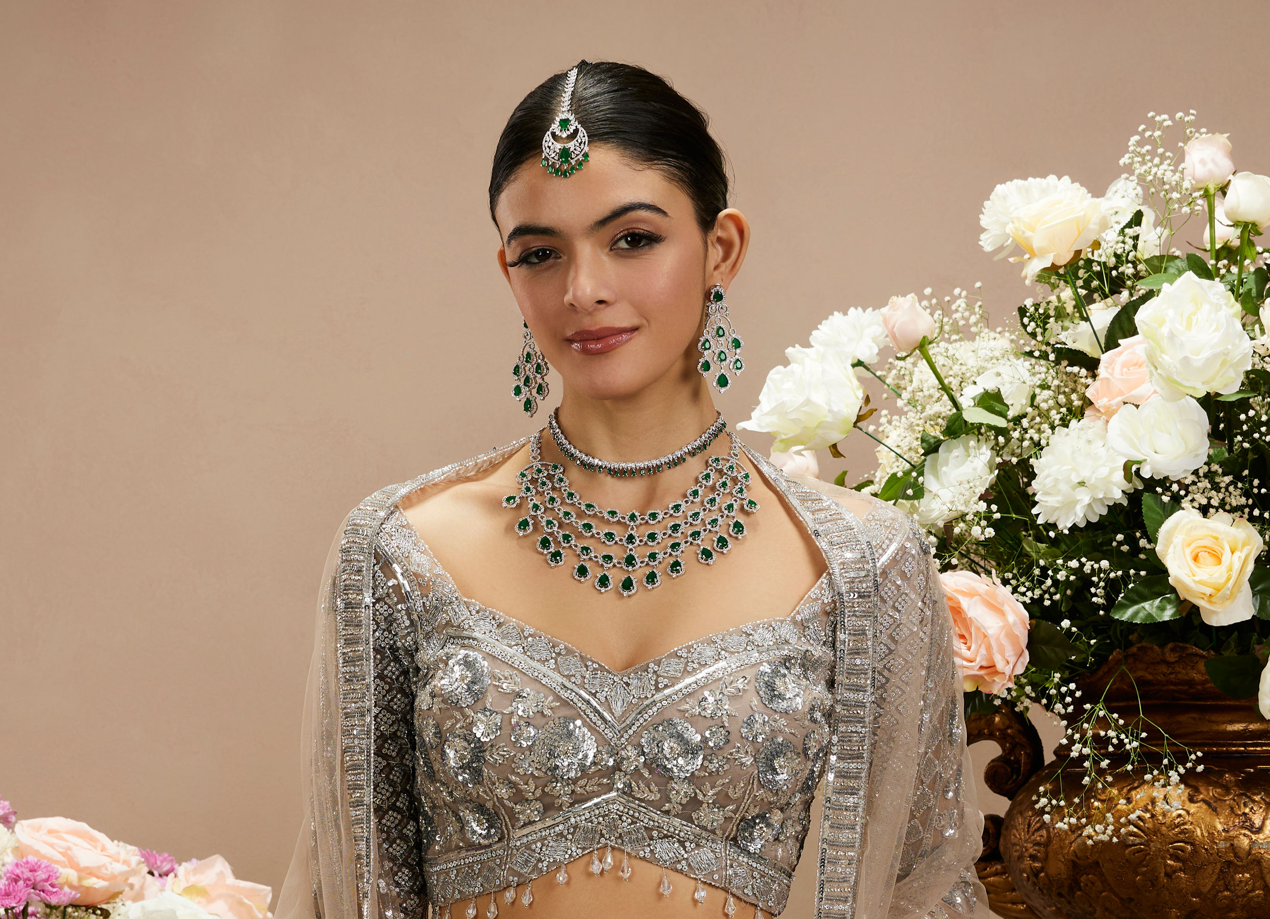 Twamev Women Steel Grey Jaal Patterned Sequinned Lehenga with Cutdana Work