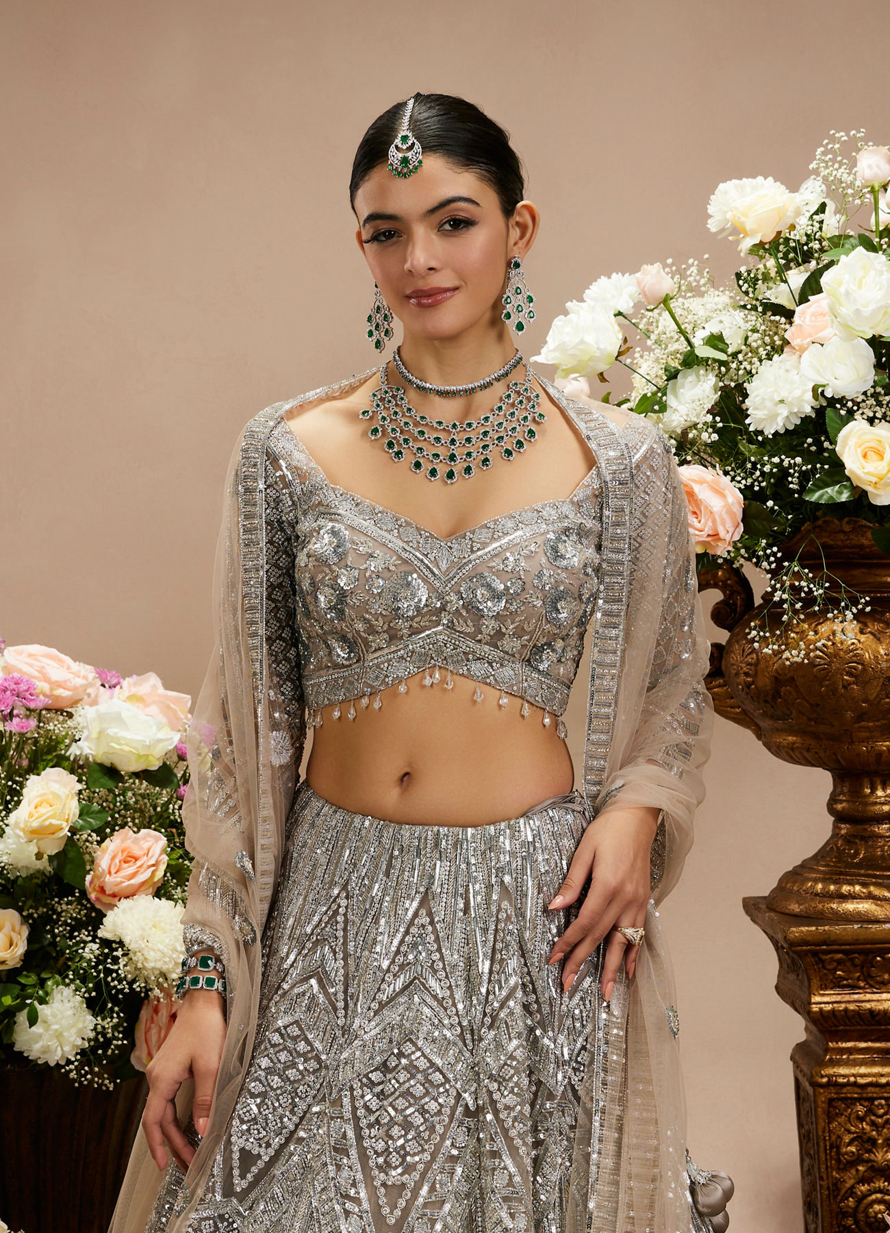 Twamev Women Steel Grey Jaal Patterned Sequinned Lehenga with Cutdana Work