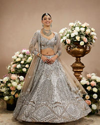 Twamev Women Steel Grey Jaal Patterned Sequinned Lehenga with Cutdana Work