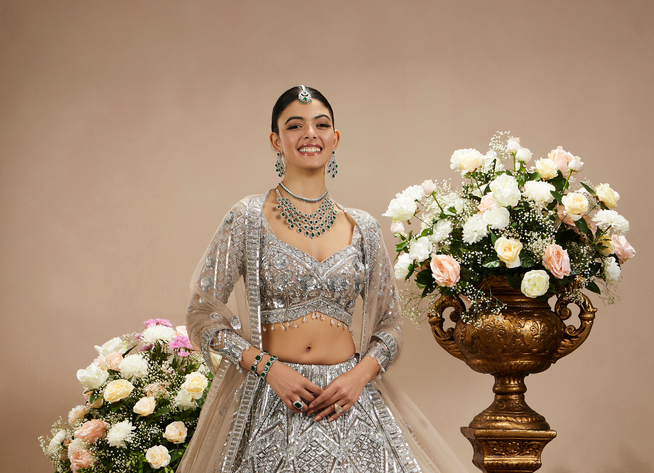 Twamev Women Steel Grey Jaal Patterned Sequinned Lehenga with Cutdana Work