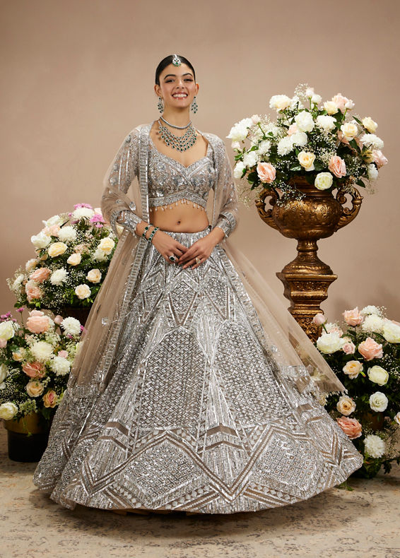 Twamev Women Steel Grey Jaal Patterned Sequinned Lehenga with Cutdana Work