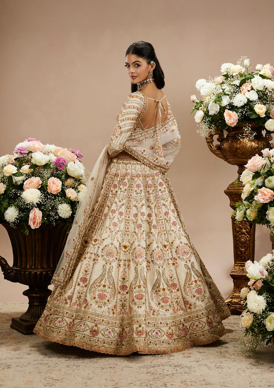 Twamev Women Cream Beige Floral Embroidered Lehenga with Paisley Patterns And Zari Work