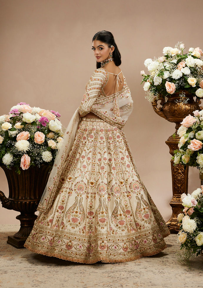 Twamev Women Cream Beige Floral Embroidered Lehenga with Paisley Patterns And Zari Work