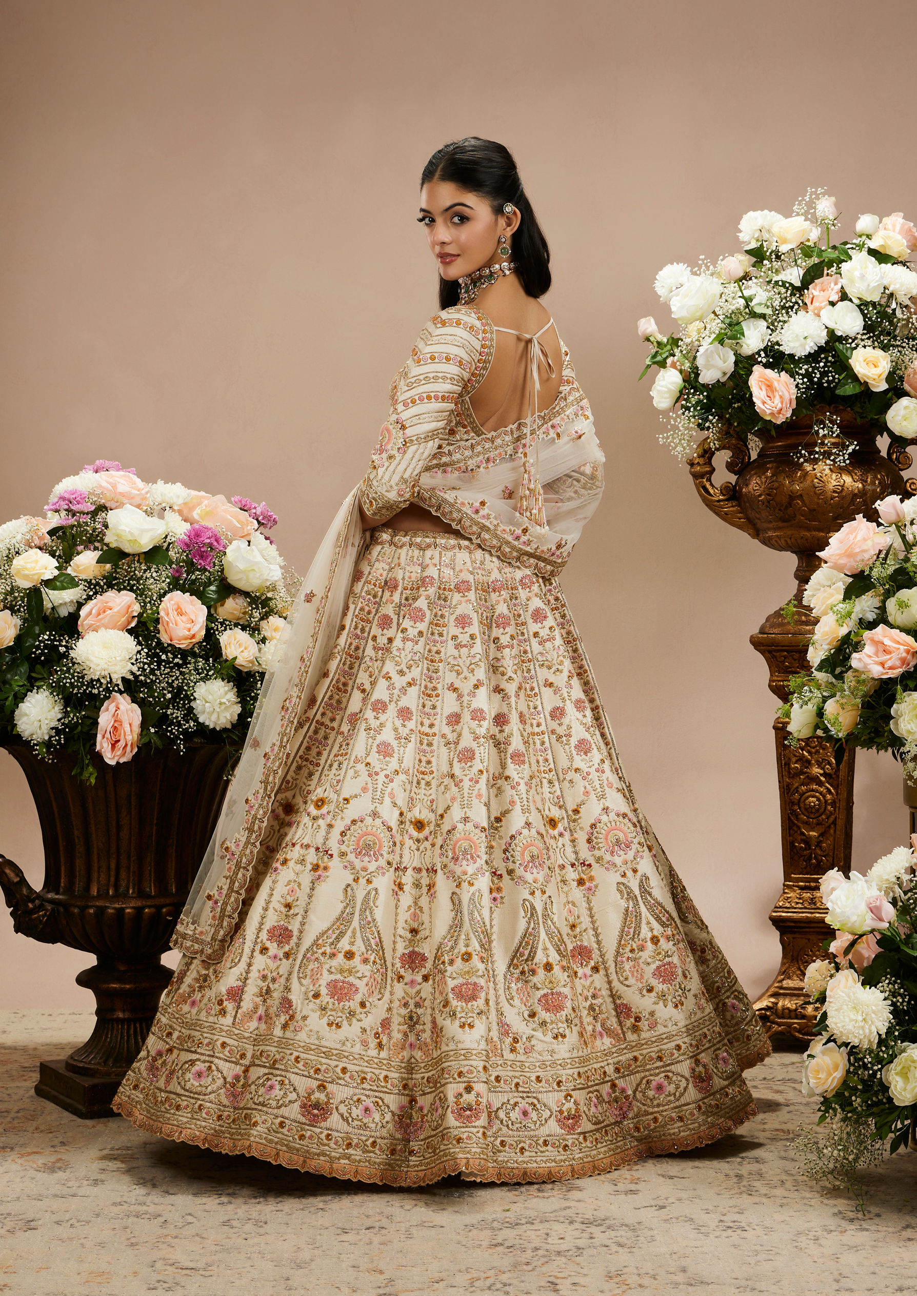 Twamev Women Cream Beige Floral Embroidered Lehenga with Paisley Patterns And Zari Work