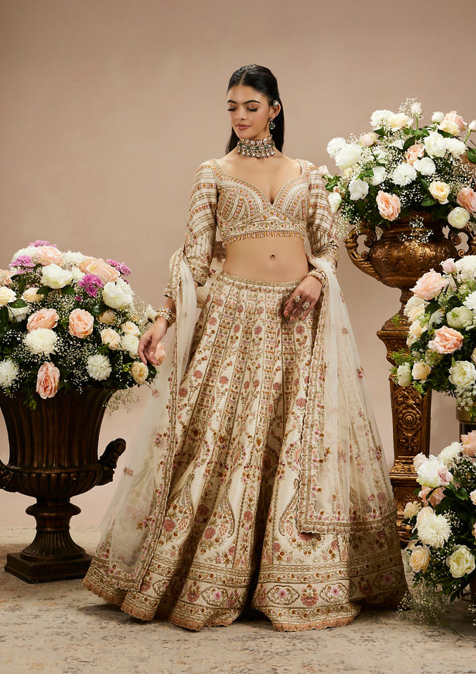 Twamev Women Cream Beige Floral Embroidered Lehenga with Paisley Patterns And Zari Work