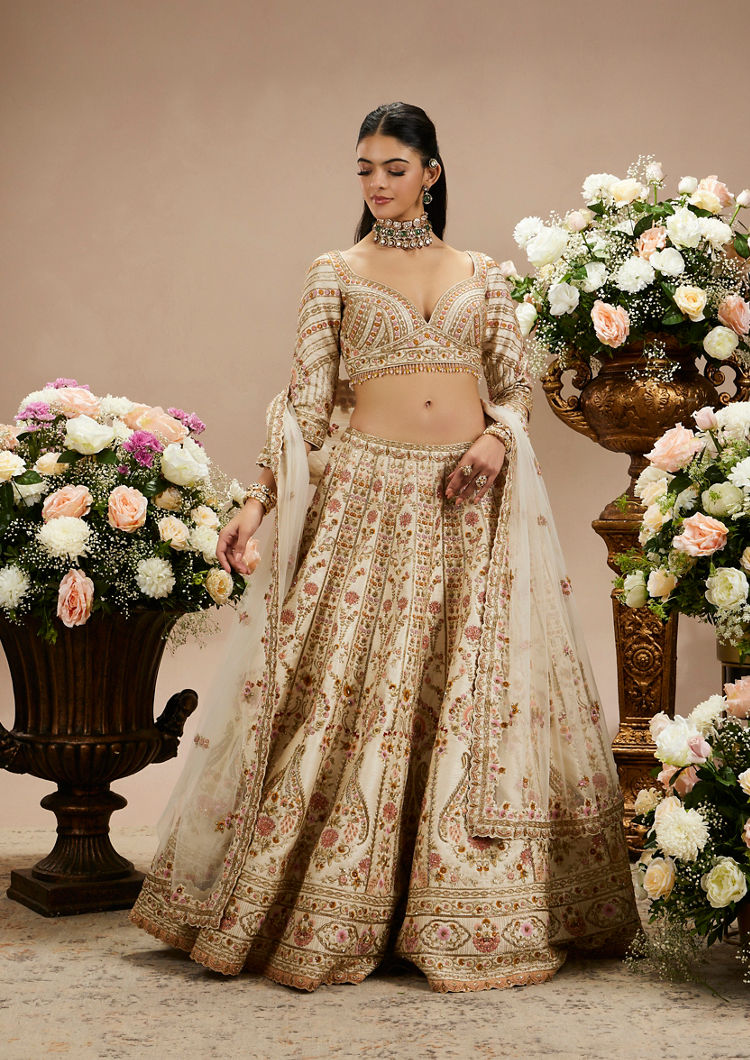 Twamev Women Cream Beige Floral Embroidered Lehenga with Paisley Patterns And Zari Work